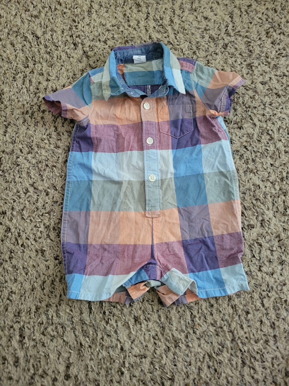 GAP Short-Sleeve Romper Green and Blue Plaid